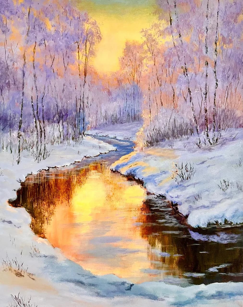 Painting “Winter Stream at Sunset” by Jung Sen Tek