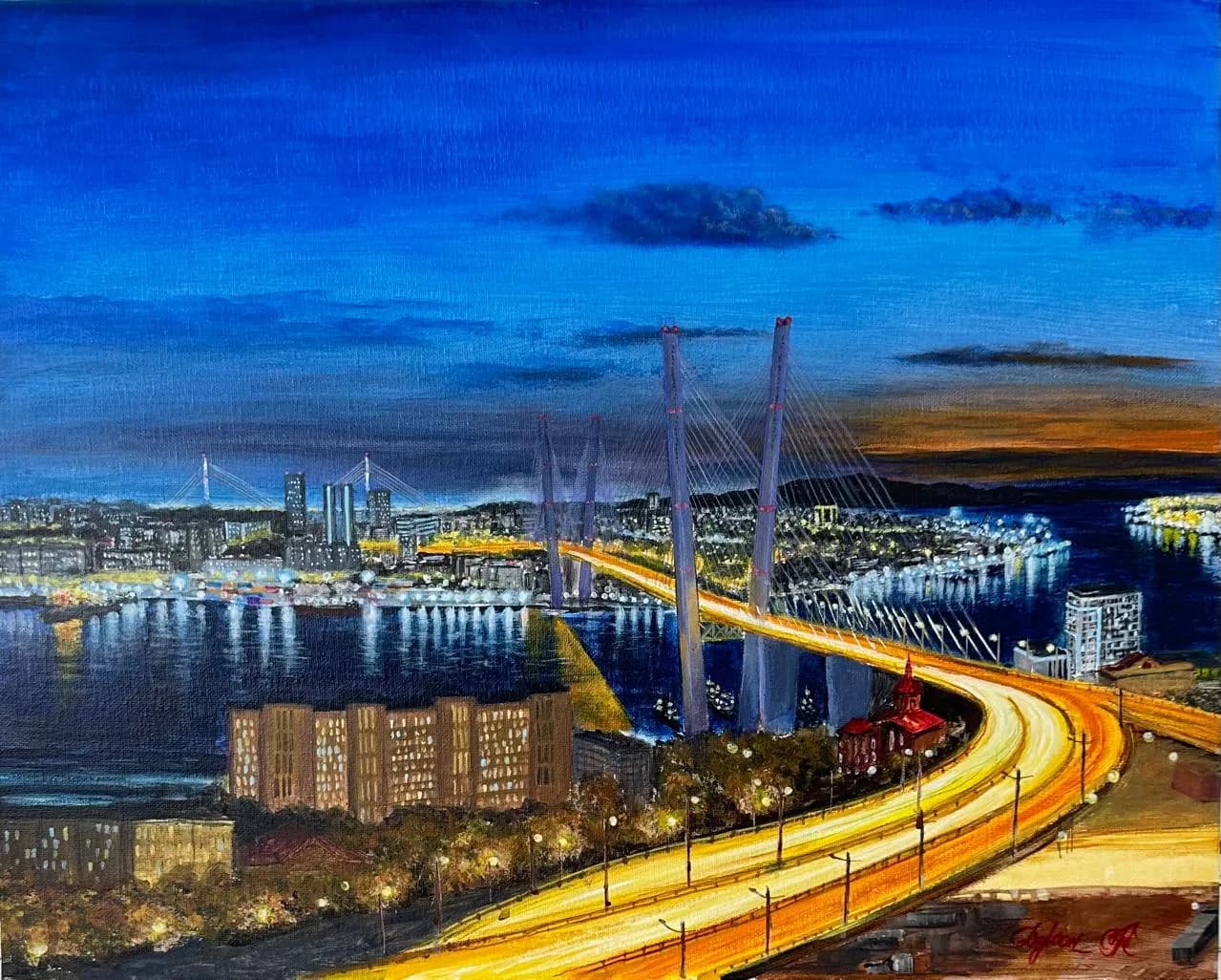 Картина «Ночной город и мост», Jung Sen Tek